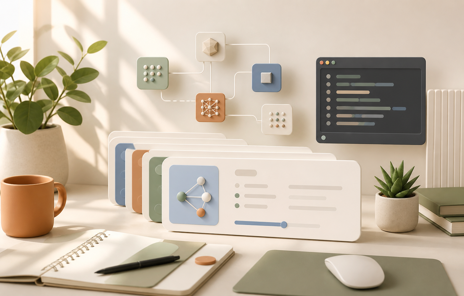 Abstract workspace with lesson cards and workflow nodes